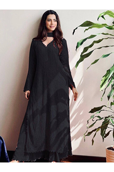 MYSMAR Black Faux Georgette Salwar Kameez & Dupatta Set - HRT54390-Black