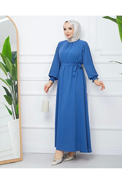 FRESH FASHION فستان هوريم من قماش ليندا بأكمام مطوية وياقة مستقيمة مزينة بالأ...