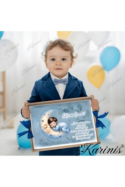 Karinis Set Tava pentru Taiere Mot si Rupere Turta Complet cu Accesorii pentru baieti, 7 Piese, Tavita Mot, Model Model Luna Bebe, 32x24 cm, Prima Aniversare Un An, Cadou Un An, Albastru