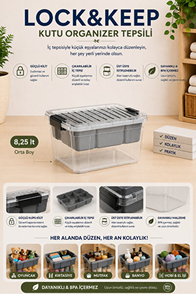 Virela Home Organizer Tepsili Saklama Kutusu Çok Amaçlı Düzenleyici Kutu 8,25 Lt
