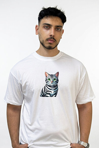 Anetos Silver Tabby Cat Design Printed Oversize White T-Shirt