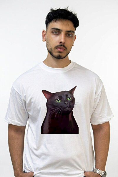Anetos Black Cat Design Printed Oversize White T-Shirt