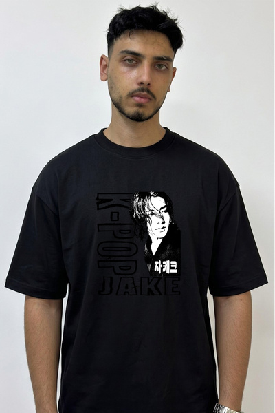 Anetos K Pop Jake Design Printed Oversize Black T-Shirt