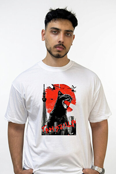 Anetos Kaiju Cat Design Printed Oversize White T-Shirt