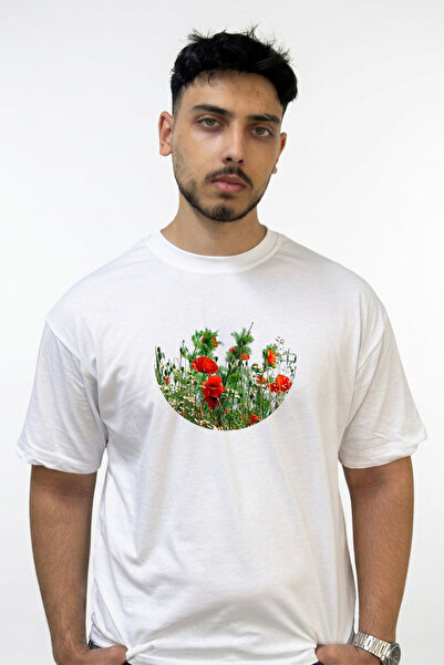 Anetos Red Poppy Design Printed Oversize White T-Shirt