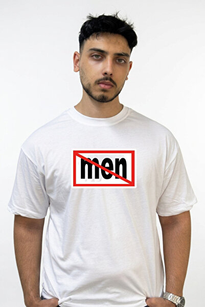 Anetos No Men Design Printed Oversize White T-Shirt