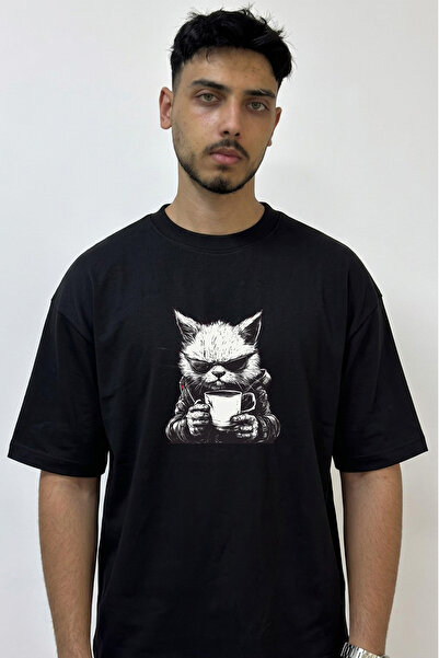 Anetos Biker Cat Coffee Design Printed Oversize Black T-Shirt