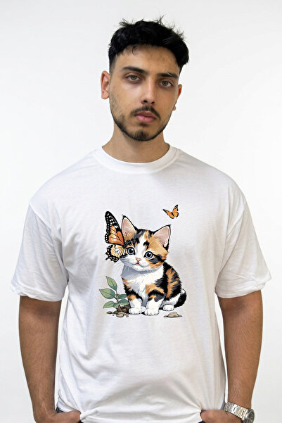 Anetos Calico Kitten Butterfly Design Printed Oversize White T-Shirt