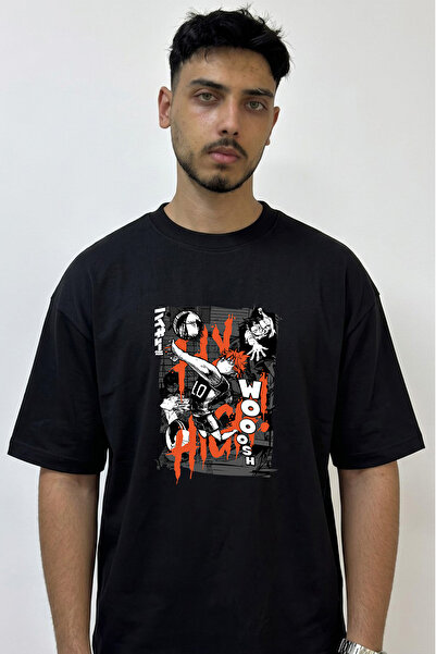 Anetos Haikyuu Hinata Design Printed Oversize Black T-Shirt