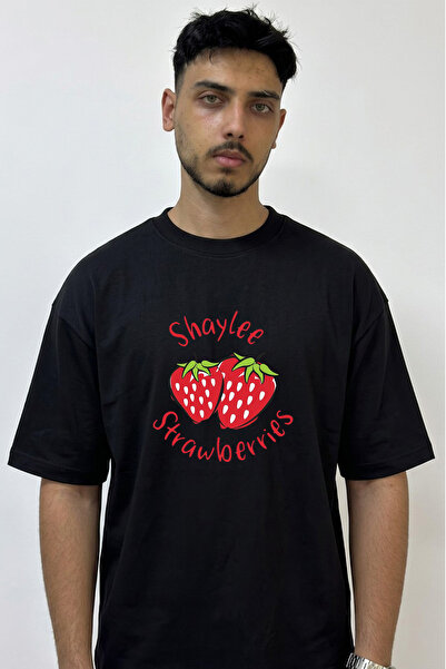 Anetos Strawberries Design Printed Oversize Black T-Shirt
