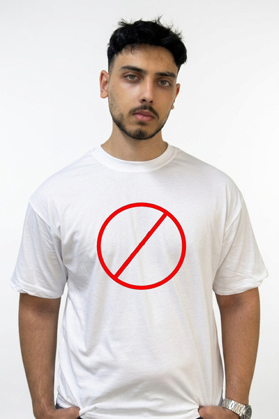 Anetos Prohibition Sign Design Printed Oversize White T-Shirt
