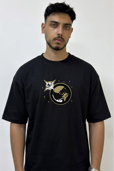 Anetos Planet Rocket Design Printed Oversize Black T-Shirt