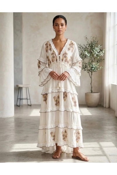 laviyonsa Embroidered Bohemian Long Cotton Viscose Lined Dress Std 36-40
