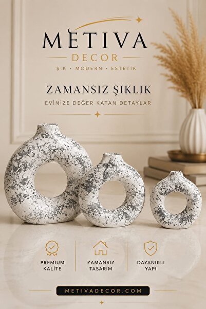 METİVA Lüks Beyaz Gri Desenli 3'lü Donut Vazo Seti - Estetik Oda Aksesuarı Sa...