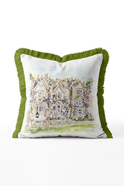 IdeCraft Pastoral Watercolor Garden and Cafe Scene Fringed Throw Pillow Cover...