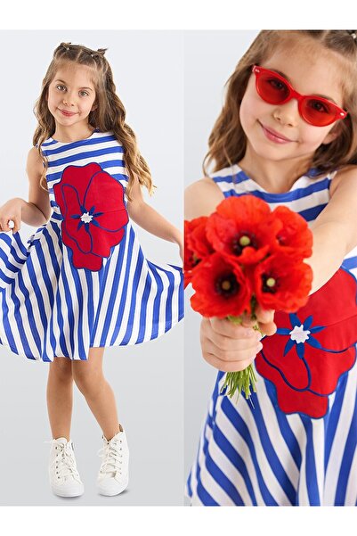 Denokids MS-026 Çizgili Gelincik Dokuma Çiçekli Elbise