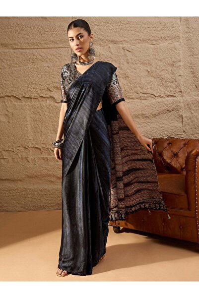 PRASHA Women's Crepe Black Printed Designer Saree With Blouse Piece