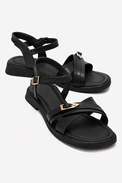 CCWAY AYAKKABI Buckle Cross Women's Sandals Black Yanki