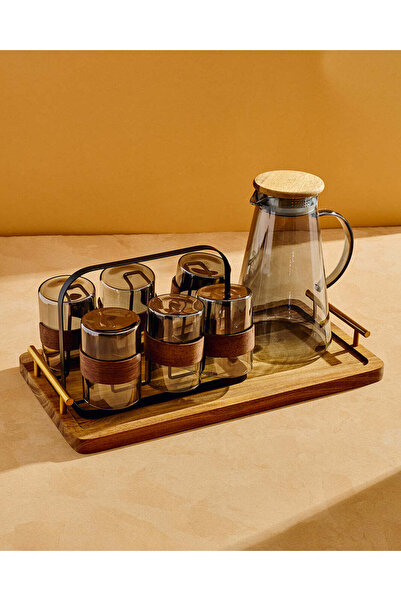 REDTAG Grey Glass Jug Set with Wooden Tray (9 Pieces)