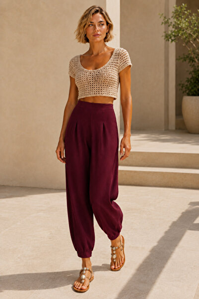 WOMAN VISION Women’s Burgundy High Waist Pleated Crepe Balloon Pants Pocketle...