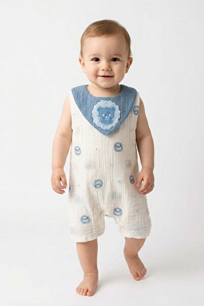 dinamik çocuk Baby boy muslin romper summer strappy cotton lion embroidered p...