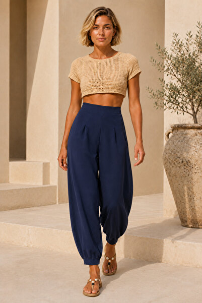 WOMAN VISION Pantaloni de damă bleumarin, cu talie înaltă, plisați, din crep,...