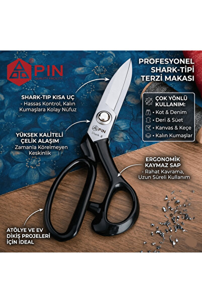 Pin Profesyonel Shark Tipi Kumaş Makası - Deri, Kot, Keçe Kesimi İçin Kısa Uç...