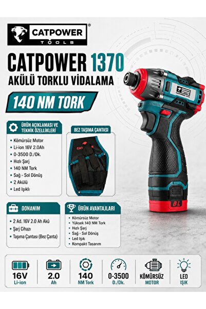 Cat Power Catpower 1370 16v Li-On 2.0Ah Kömürüz Akülü Torklu Vidalama