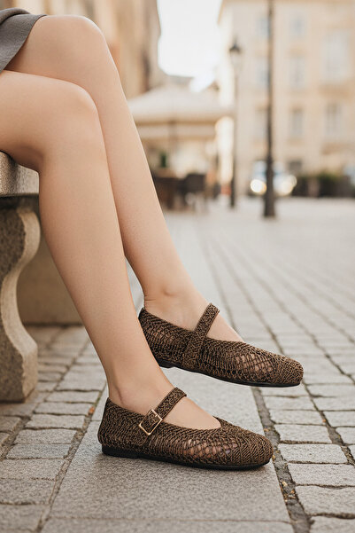 CEYDA SHOES Women's Mary Jane Knitted Ballet Flats Straw Shoes with Buckle an...