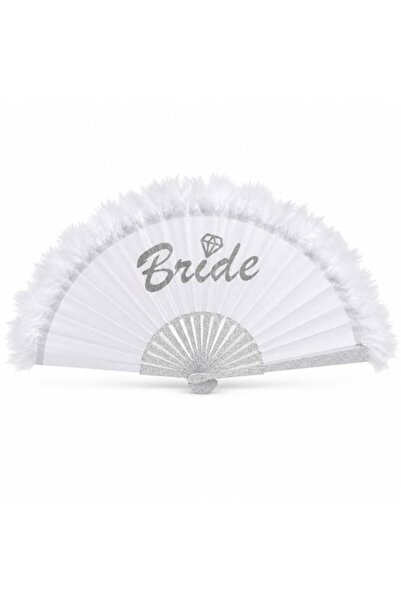 SHOPIENS Evantai alb de mireasă cu pene cu sclipici argintiu și mesajul „Brid...