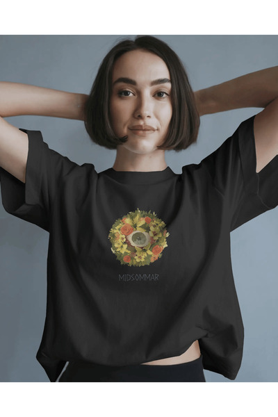 buzagi tasarım ürünleri Midsommar Unisex Black Oversize T-Shirt
