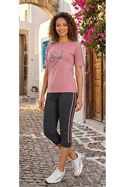 MODA JİBER Set capri confortabil de calitate premium, cu inimă roz inscripțio...