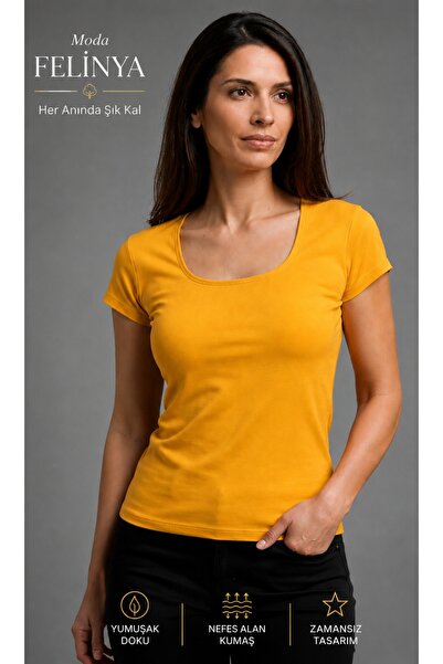 moda felinya KADIN KISA KOLLU KARE YAKA SARI RENK BODY T-SHİRT BLUZ