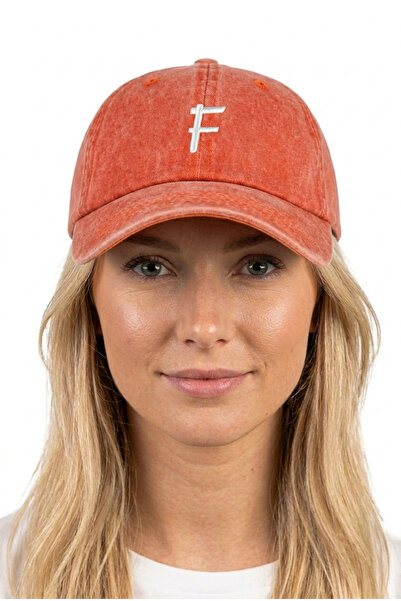 ŞapkaMania Orange Embroidered Washable Vintage Unisex Hat with Letter F