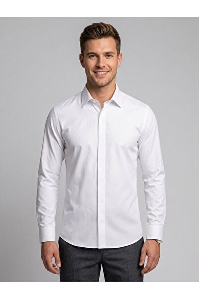 Slim Fit Uzun Kollu Pamuk Saten Likralı Erkek Gömlek