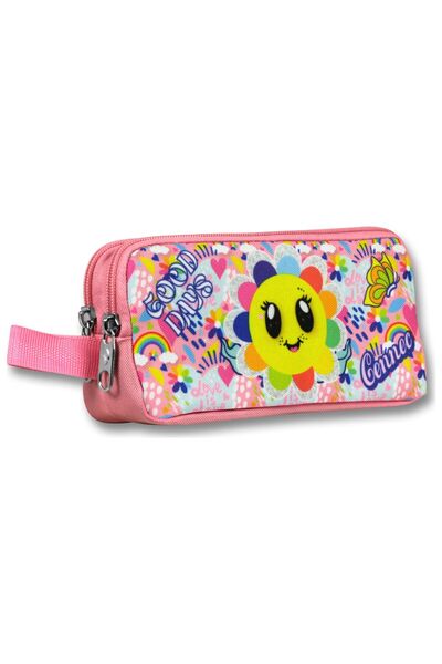 Cennec Two-Compartment Blooming Emoji Printed Pink - Yellow Girls' Pencil Bag...