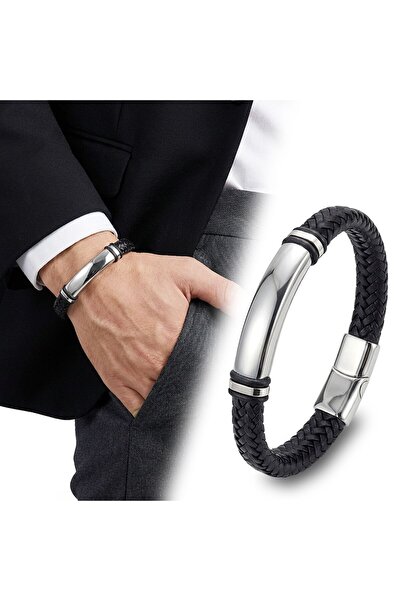 OGHAMAY Name Engravable Black Leather and White Titanium Lock Bracelet 18393B...
