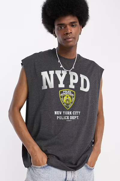 ROCKANDROLL Nypd Cut Sleeve / Sleeveless Anthracite Oversize T-Shirt
