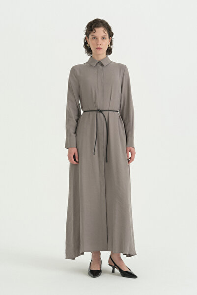 Nihan Beli Belted Shirt Collar Modal Dress - Gray