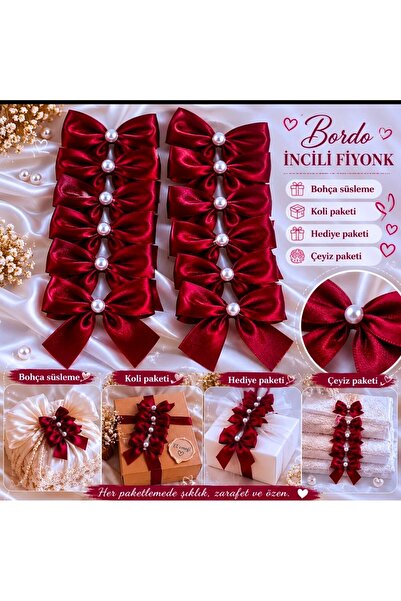 MİRAY FLOWERS HEDİYELİK 25 Adet Bordo incili fiyonk kurdele hediye paketi çey...