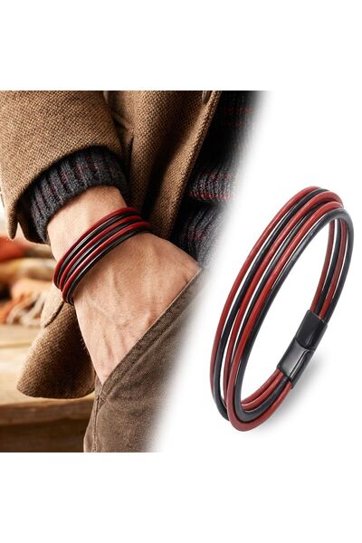 OGHAMAY Red Black Multi Leather and Titanium Locking Steel Bracelet 18393B13D1