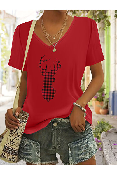 mercoledi Tricou confortabil pentru femei, cu imprimeu reni, cu decolteu în V...