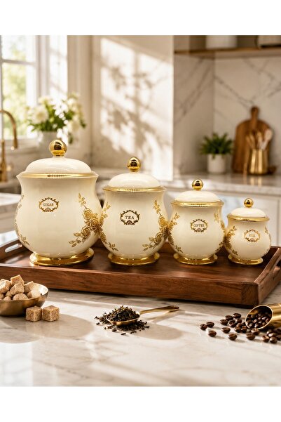Generic طقم علب تنظيم البورسلين الكريمي بنقوش الورود الذهبية الفاخرة (4 قطع)