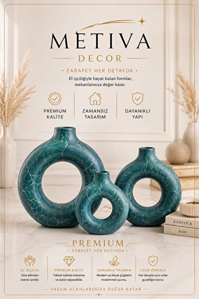 METİVA Lüks Metalik Petrol Gri Desenli 3'lü Donut Vazo Seti - Estetik Oda Aks...
