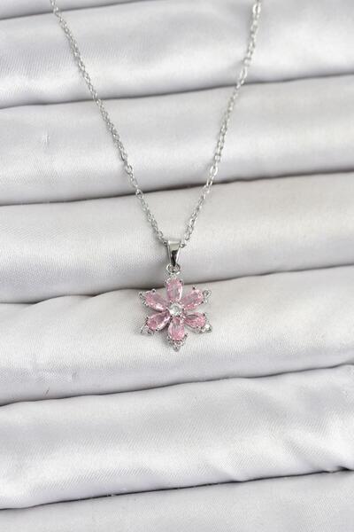 YİĞİTKARANAKSESUAR 316L Stainless Steel Pink Zircon Stone Lotus Model Necklace