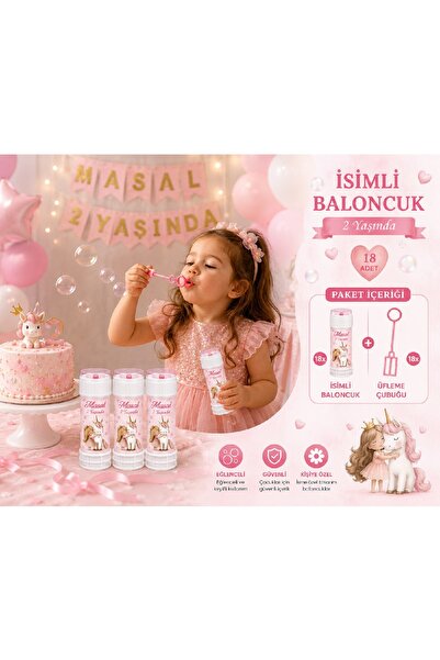 Bkmc Kişiye Özel İsimli Köpük Baloncuk 18 Adet Prenses ve Unicorn Temalı Doğu...