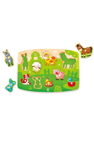 Hape Puzzle din lemn cu inserții, Animale de fermă, 9 piese, 2 ani+