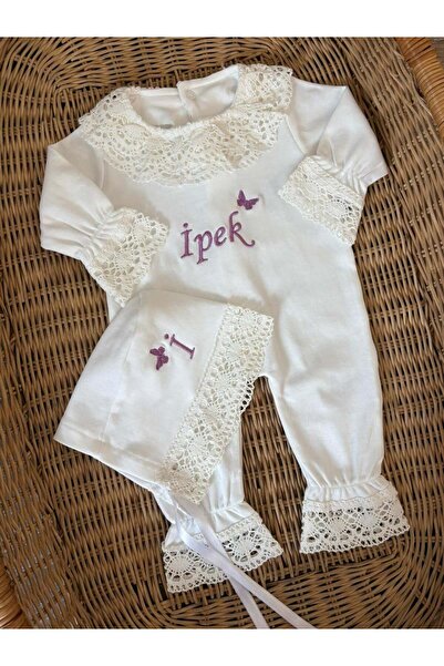 Mini Ropa İsme Özel Dantel Detaylı Bebek Tulum Ve Şapka
