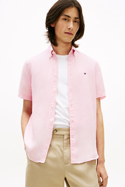Tommy Hilfiger 100% Linen Regular Fit Short Sleeve Pink Men's Shirt
