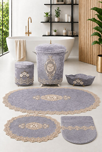 Bonny Home Lisa Gray 6 Piece Lace Bathroom Dirty Laundry Basket Set Bath Mat Set